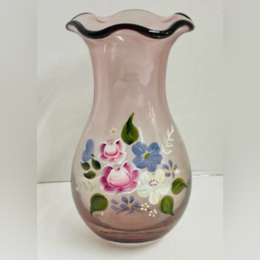 FENTON Teleflora 8" Ruffled Purple Amethyst Glass Vase, Hand
Painted Floral